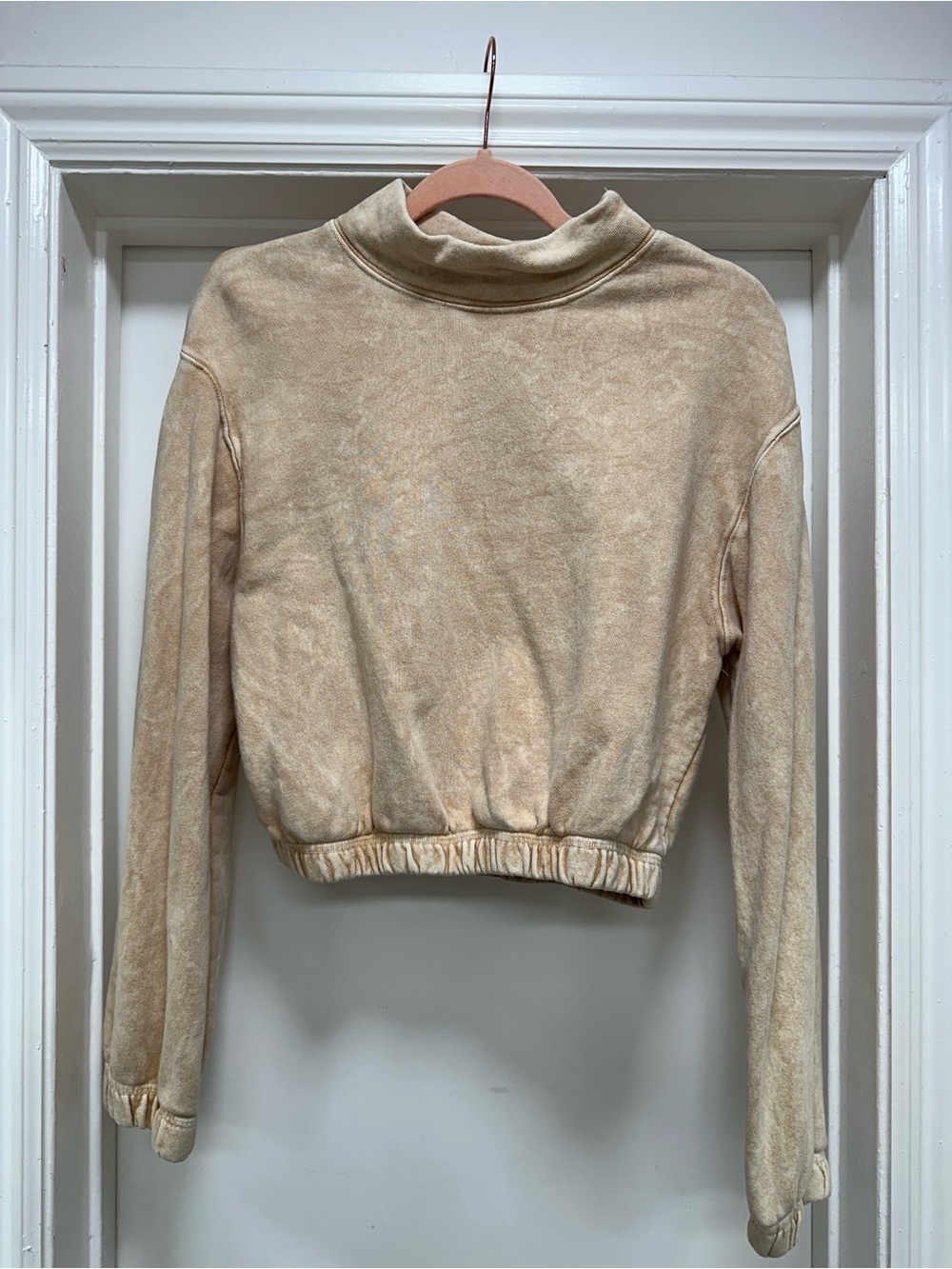 emory park Beige Mock Neck Cropped Sweatshirt
